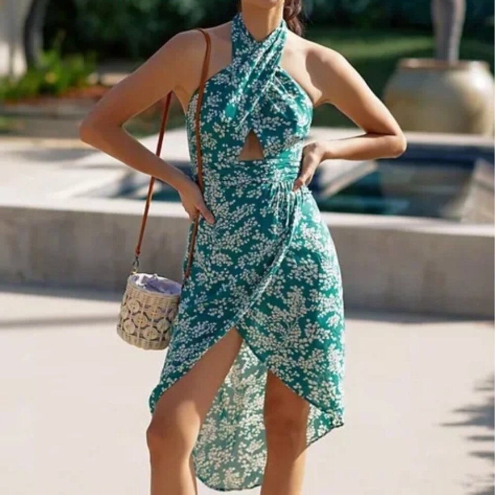 ANTHROPOLOGIE NEW Green Floral Print Halter Dress Asymmetrical Hem Small - NWT